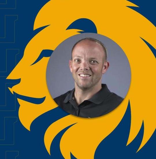 Lion mascot logo on background with individual's headshot in the foreground.